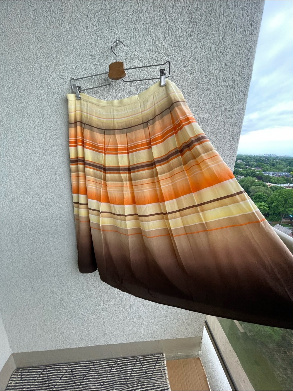 100% silk Pleated Ombre Stripe Midi Skirt - Yellow Orange Brown